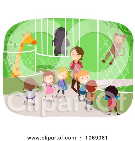 Clipart Teacher With Diverse Stick Students At A Zoo - Royalty Free Vector Illustration by BNP Design Studio