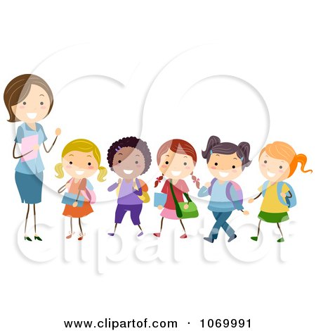 Clipart Female Teacher And A Line Of Diverse Stick Students - Royalty Free Vector Illustration by BNP Design Studio