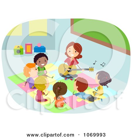 Clipart Teacher Playing Music For Diverse Stick Students - Royalty Free Vector Illustration by BNP Design Studio