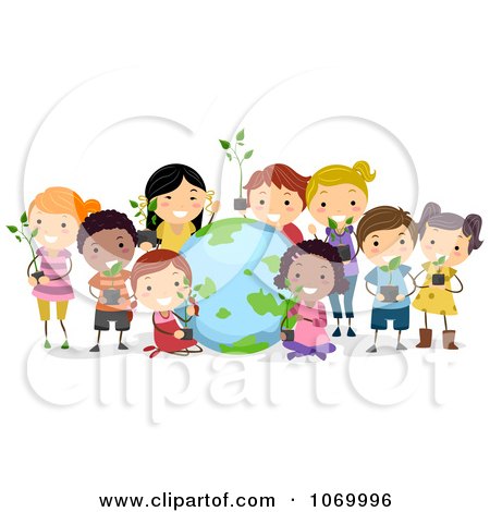 Clipart Diverse Stick Students With Plants And A Globe - Royalty Free Vector Illustration by BNP Design Studio