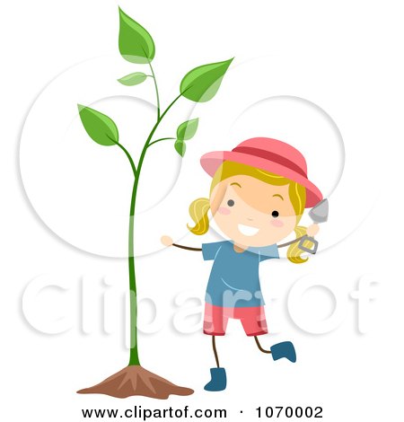 Clipart Stick Girl With A Plant - Royalty Free Vector Illustration by BNP Design Studio