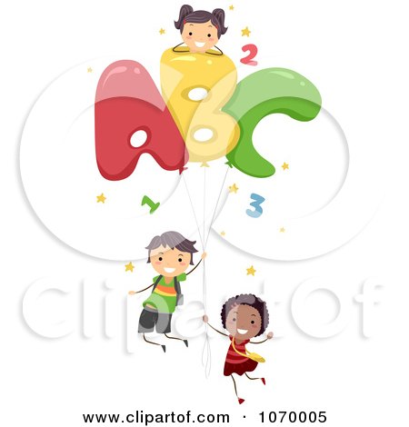 Clipart Diverse Stick Students With Letter Balloons - Royalty Free Vector Illustration by BNP Design Studio
