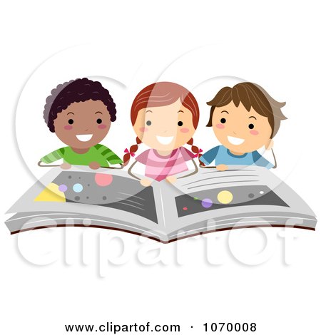Clipart Diverse Stick Students Reading A Book On The Planets - Royalty Free Vector Illustration by BNP Design Studio