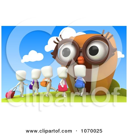 Clipart 3d Ivory Students Walking Into An Owl School - Royalty Free CGI Illustration by BNP Design Studio