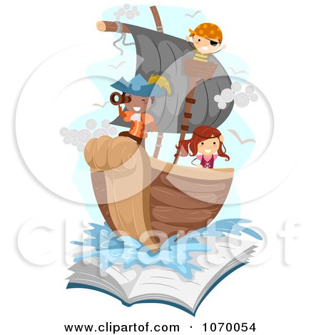 Clipart Stick Kids Playing Pirates On A Ship Emerging From A Book - Royalty Free Vector Illustration by BNP Design Studio