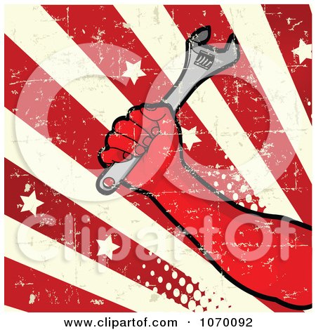 Clipart Grungy Liberty Hand Holding A Wrench Over Stars And Stripes - Royalty Free Vector Illustration by Pushkin