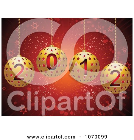 Clipart 3d Gold 2012 Star Christmas Ornaments Over Red - Royalty Free Vector Illustration by elaineitalia