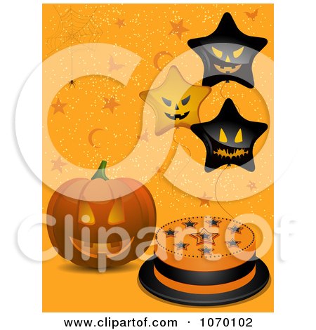 Clipart Jackolantern By A Halloween Cake And Star Balloons On Orange - Royalty Free Vector Illustration by elaineitalia