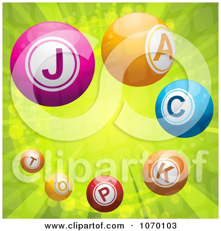 Clipart 3d Jackpot Lottery Balls On Green Rays - Royalty Free Vector Illustration by elaineitalia