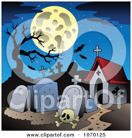 Clipart Full Moon Over A Spooky Cemetery - Royalty Free Vector Illustration by visekart