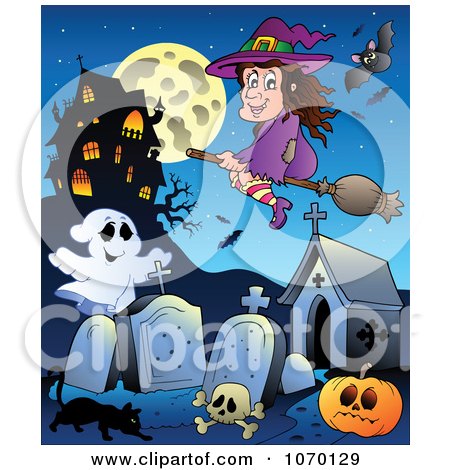 Clipart Witch Over A Haunted Graveyard - Royalty Free Vector Illustration by visekart