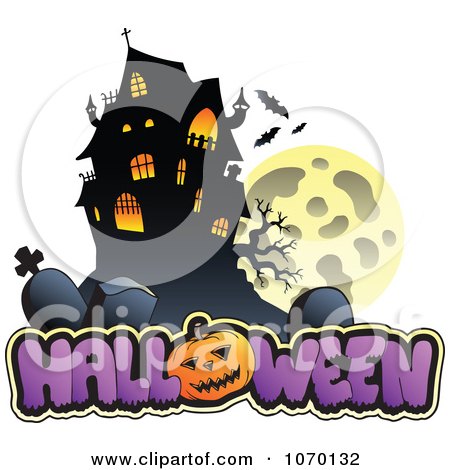 Clipart Full Moon And Cemetery House Over HALLOWEEN - Royalty Free Vector Illustration by visekart