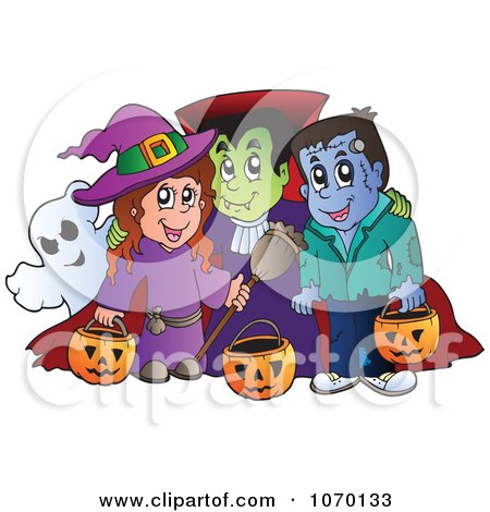 Clipart Witch Vampire Frankenstein And Ghost Trick Or Treating - Royalty Free Vector Illustration by visekart