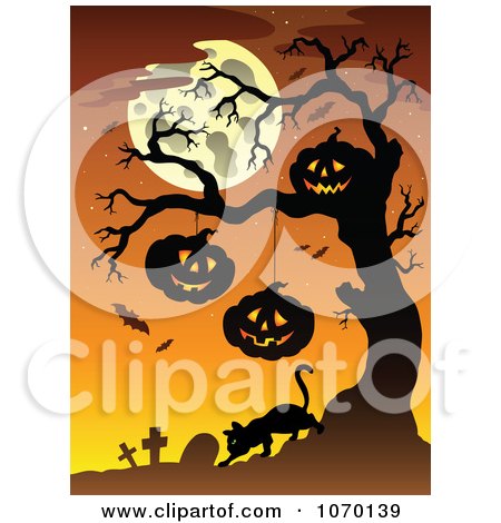 Clipart Creepy Jackolanterns In A Tree Above A Cemetery - Royalty Free Vector Illustration by visekart