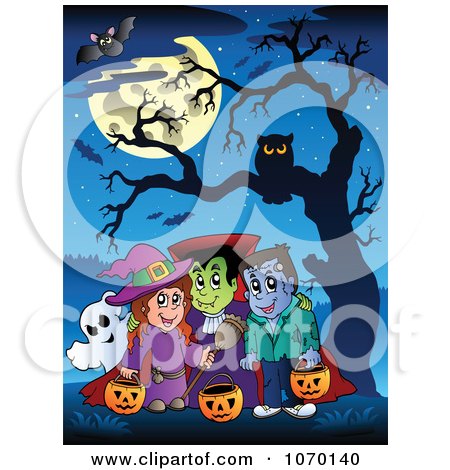 Clipart Trick Or Treaters Under A Bare Tree And Full Moon - Royalty Free Vector Illustration by visekart