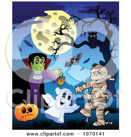 Clipart Vampire Ghost And Mummy Under A Full Moon - Royalty Free Vector Illustration by visekart