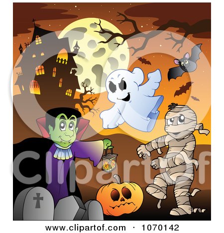 Clipart Vampire Mummy And Ghosts In A Cemetery By A Haunted House - Royalty Free Vector Illustration by visekart