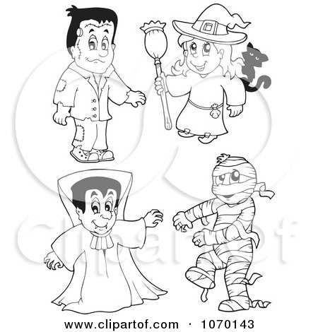 Clipart Outlined Frankenstein Witch Vampire And Mummy - Royalty Free Vector Illustration by visekart