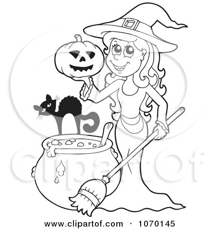 Clipart Outlined Witch With A Cat Pumpkin And Cauldron - Royalty Free Vector Illustration by visekart