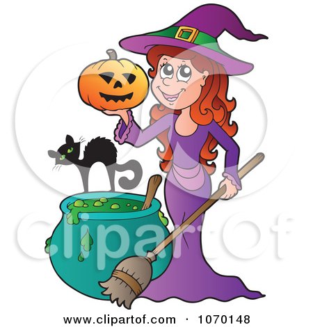 Clipart Witch Holding A Pumpkin By A Cat And Cauldron - Royalty Free Vector Illustration by visekart