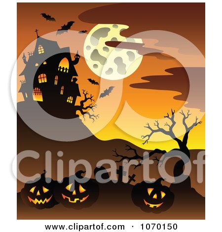 Clipart Cemetery And Jackolanterns Near A Haunted House - Royalty Free Vector Illustration by visekart