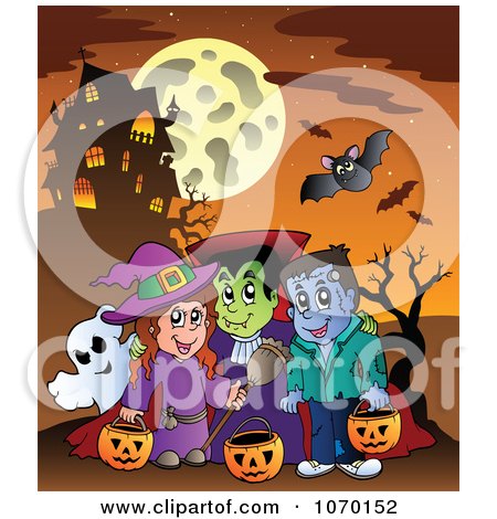 Clipart Trick Or Treaters Near A Haunted House - Royalty Free Vector Illustration by visekart