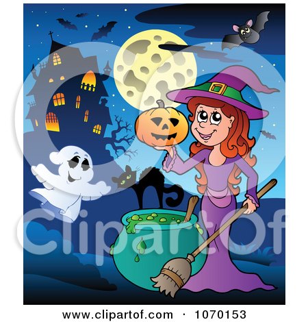 Clipart Ghost And Witch By A Haunted House - Royalty Free Vector Illustration by visekart