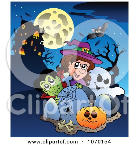 Clipart Vampire Witch And Ghosts By Tombstones And A Haunted House - Royalty Free Vector Illustration by visekart