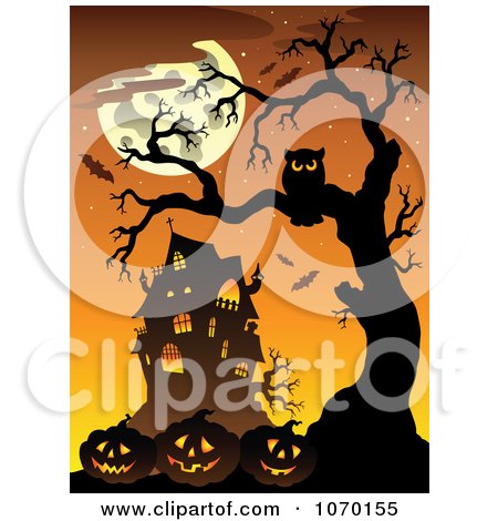 Clipart Owl And Jackolanterns Near A Haunted House - Royalty Free Vector Illustration by visekart