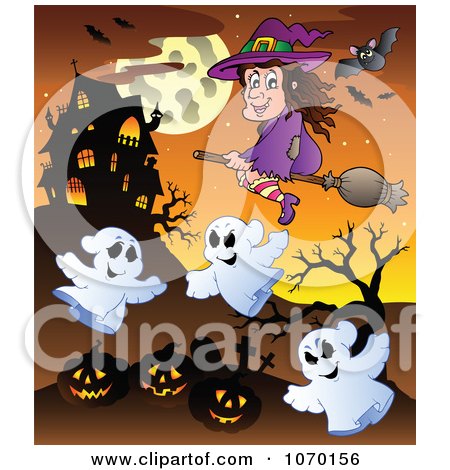 Clipart Witch Ghosts And Jackolanterns Near A Haunted House - Royalty Free Vector Illustration by visekart