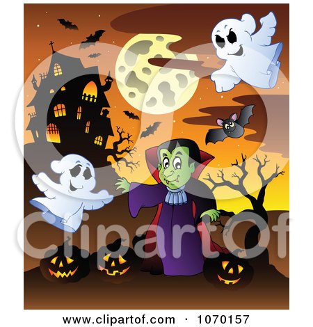 Clipart Vampire Ghosts And Jackolanterns Near A Haunted House - Royalty Free Vector Illustration by visekart
