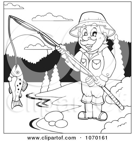 Clipart Outlined Man Fishing At A Lake - Royalty Free Vector Illustration by visekart