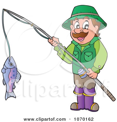 Clipart Man Holding His Catch On A Fishing Pole - Royalty Free Vector Illustration by visekart