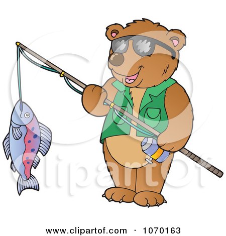 Clipart Bear Holding His Catch On A Fishing Pole - Royalty Free Vector Illustration by visekart