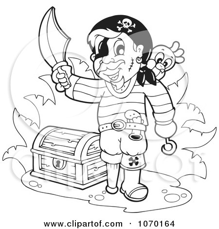 Clipart Outlined Pirate With A Treasure Chest - Royalty Free Vector Illustration by visekart