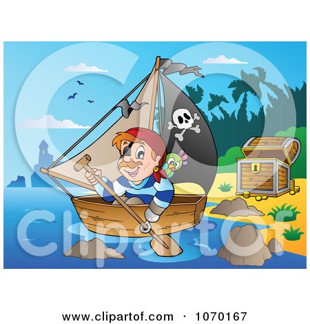 Clipart Pirate Rowing Away From A Beach With Treasure - Royalty Free Vector Illustration by visekart