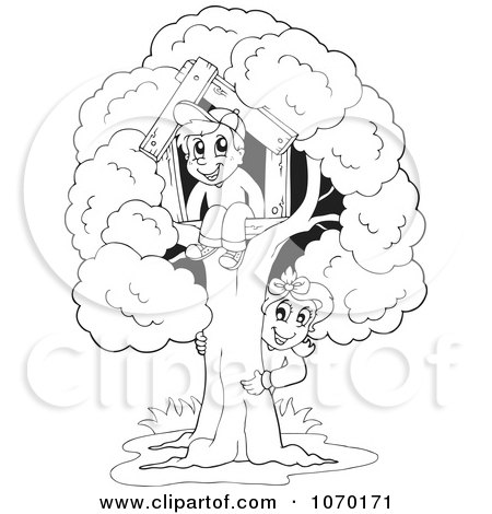 Clipart Outlined Children Playing At Their Tree House - Royalty Free Vector Illustration by visekart