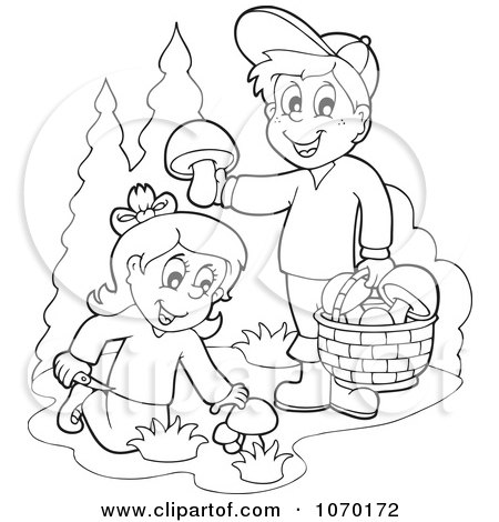 Clipart Outlined Kids Picking Mushrooms - Royalty Free Vector Illustration by visekart
