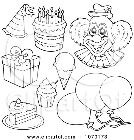 Clipart Outlined Clown And Birthday Items - Royalty Free Vector Illustration by visekart