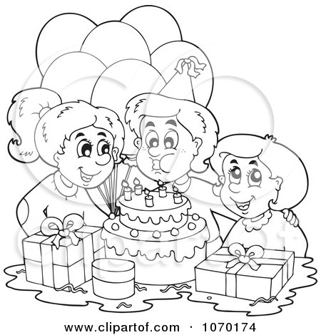 Clipart Outlined Birthday Boy Blowing Out His Candles - Royalty Free Vector Illustration by visekart