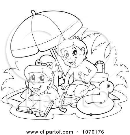 Clipart Outlined Kids Reading And Playing On A Beach - Royalty Free Vector Illustration by visekart