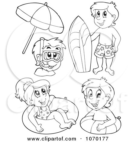 Clipart Outlined Kids With Summer Swimming Gear - Royalty Free Vector Illustration by visekart