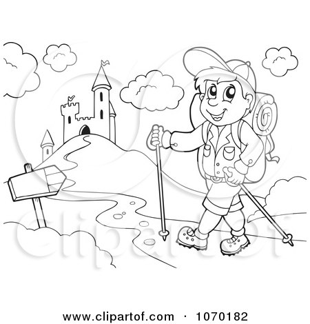 Clipart Outlined Hiker By A Castle - Royalty Free Vector Illustration by visekart