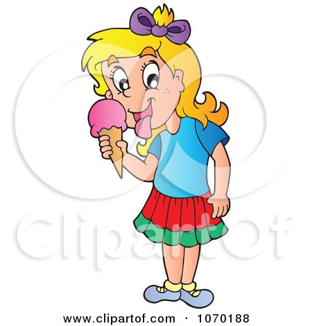 Clipart Girl Licking A Strawberry Ice Cream Cone - Royalty Free Vector Illustration by visekart