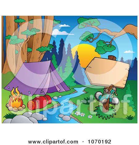 Clipart Blank Sign Across The Stream From A Camp Site - Royalty Free Vector Illustration by visekart