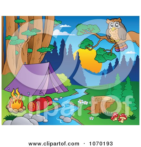 Clipart Owl Overlooking A Camp Site By A Stream - Royalty Free Vector Illustration by visekart