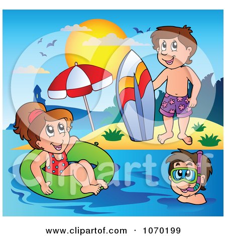 Clipart Summer Kids With A Surfboard Innertube And Snorkel Gear - Royalty Free Vector Illustration by visekart