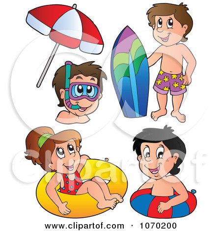 Clipart Swimming Children With A Snowboard Snorkel Gear And Inner Tubes - Royalty Free Vector Illustration by visekart