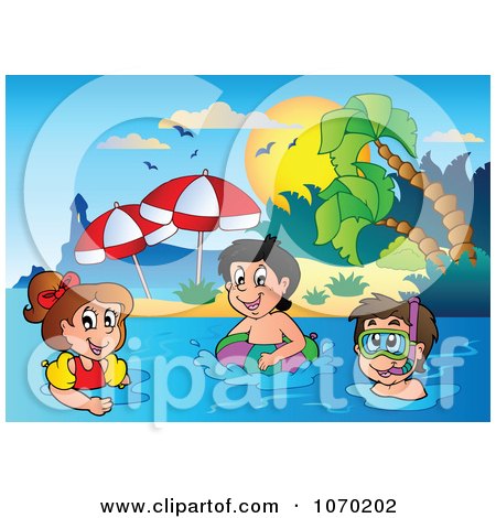 Clipart Kids Swimming Near A Tropical Beach - Royalty Free Vector Illustration by visekart