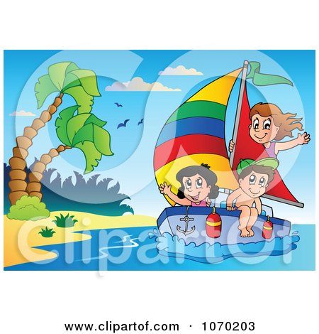 Clipart Kids Sailing By A Tropical Beach - Royalty Free Vector Illustration by visekart